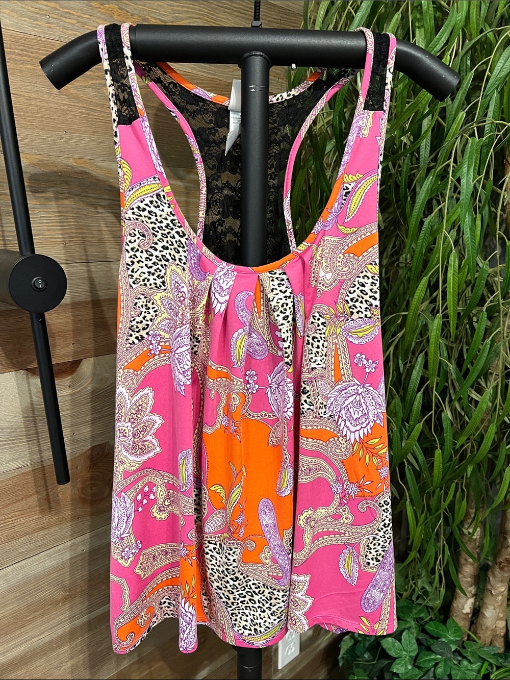 In Bloom hot pink paisley print racer back tank. L